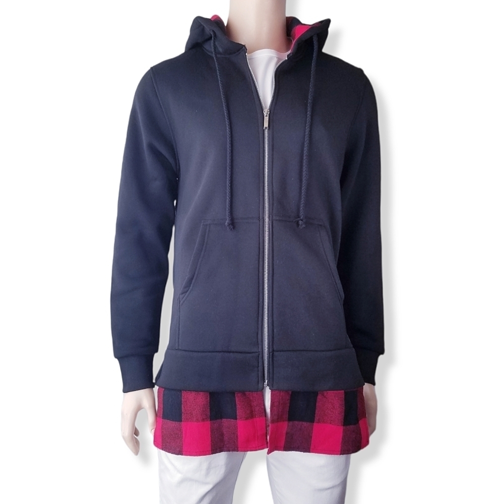 Victorious Black & Red Plaid Contrast Paneled Side Zipper Hoodie Sweater
